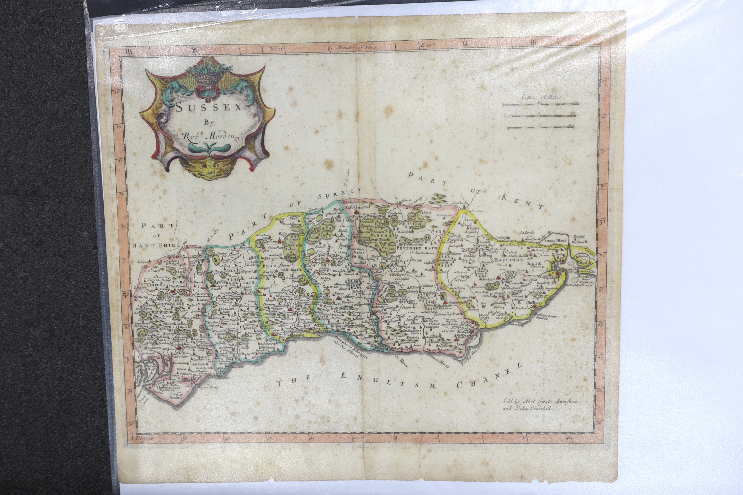 Four unframed 17th century maps of Sussex; two by Robert Morden, 39 x 43cm and 37 x 43cm, Norden & Kip 28 x 42cm, and Valk & Schenk, 49 x 59cm